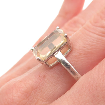 925 Sterling Silver Vintage Real Emerald-Cut Canary Opal Ring Size 8.5