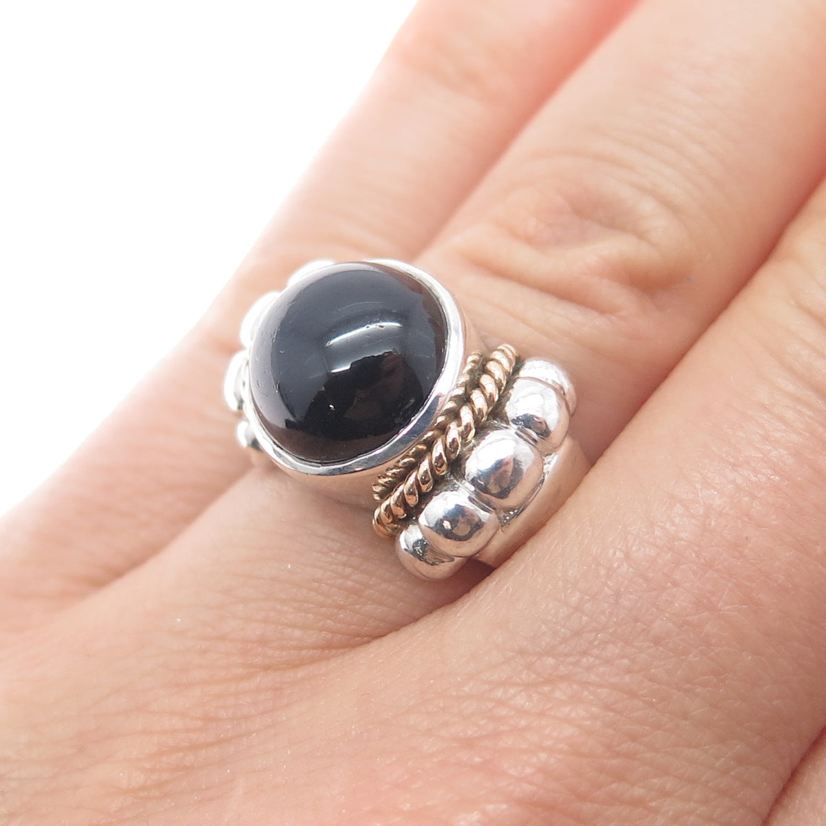 14K Gold 925 Sterling Silver Vintage Real Black Onyx Modernist Ring Size 6.5