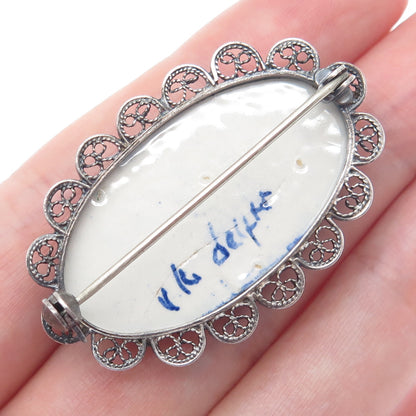 DELFT 835 Silver Vintage Ceramic Old Mill Filigree Pin Brooch