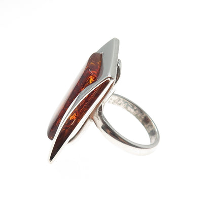 925 Sterling Silver Vintage Real Amber Modernist Ring Size 8.25