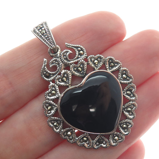 925 Sterling Silver Vintage Real Black Onyx & Marcasite Heart Oxidized Pendant