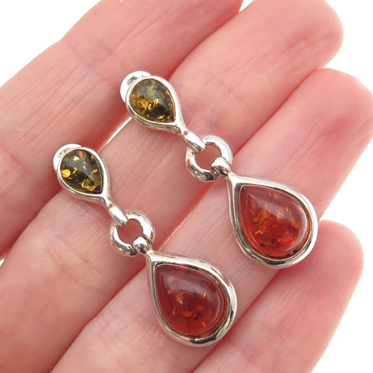 925 Sterling Silver Vintage Real Amber Modernist Teardrop Dangle Earrings