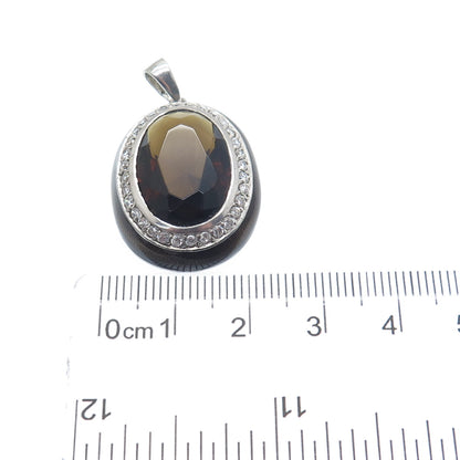 925 Sterling Silver Enamel Real Smoky Quartz & C Z Charm Pendant