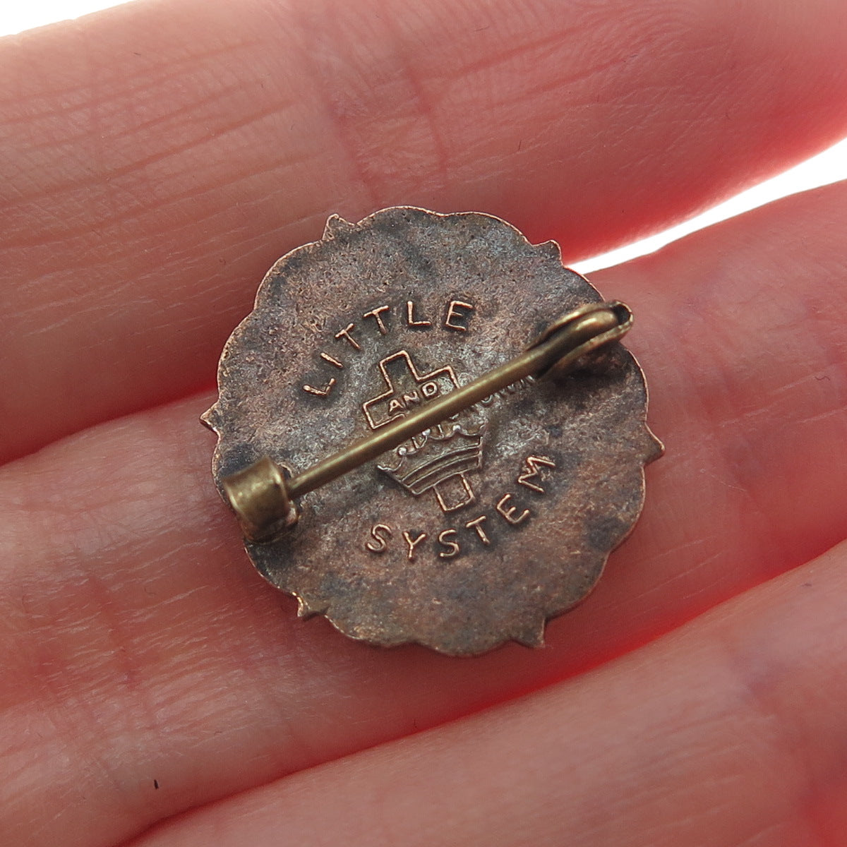 LITTLE SYSTEM CROSS & CROWN Gold Plated Antique Enamel Methodist Cross Brooch