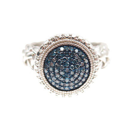 J. Stella 925 Sterling Silver Real Round-Cut Blue Diamond Woven Ring Size 7.25