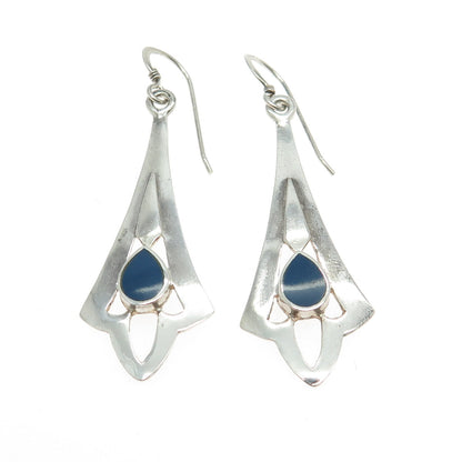 925 Sterling Silver Vintage Real Lapis Floral Dangling Earrings