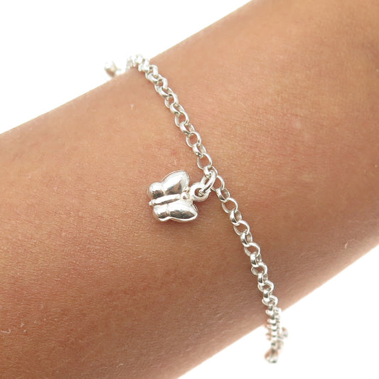 925 Sterling Silver Italy Butterfly Charm Rolo Link Anklet Bracelet 10"