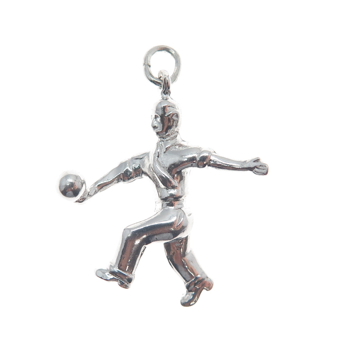 WELLS 925 Sterling Silver Vintage Bowling Man Minimalist 3D Charm Pendant