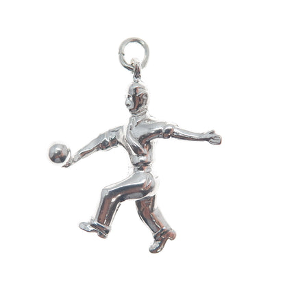 WELLS 925 Sterling Silver Vintage Bowling Man Minimalist 3D Charm Pendant