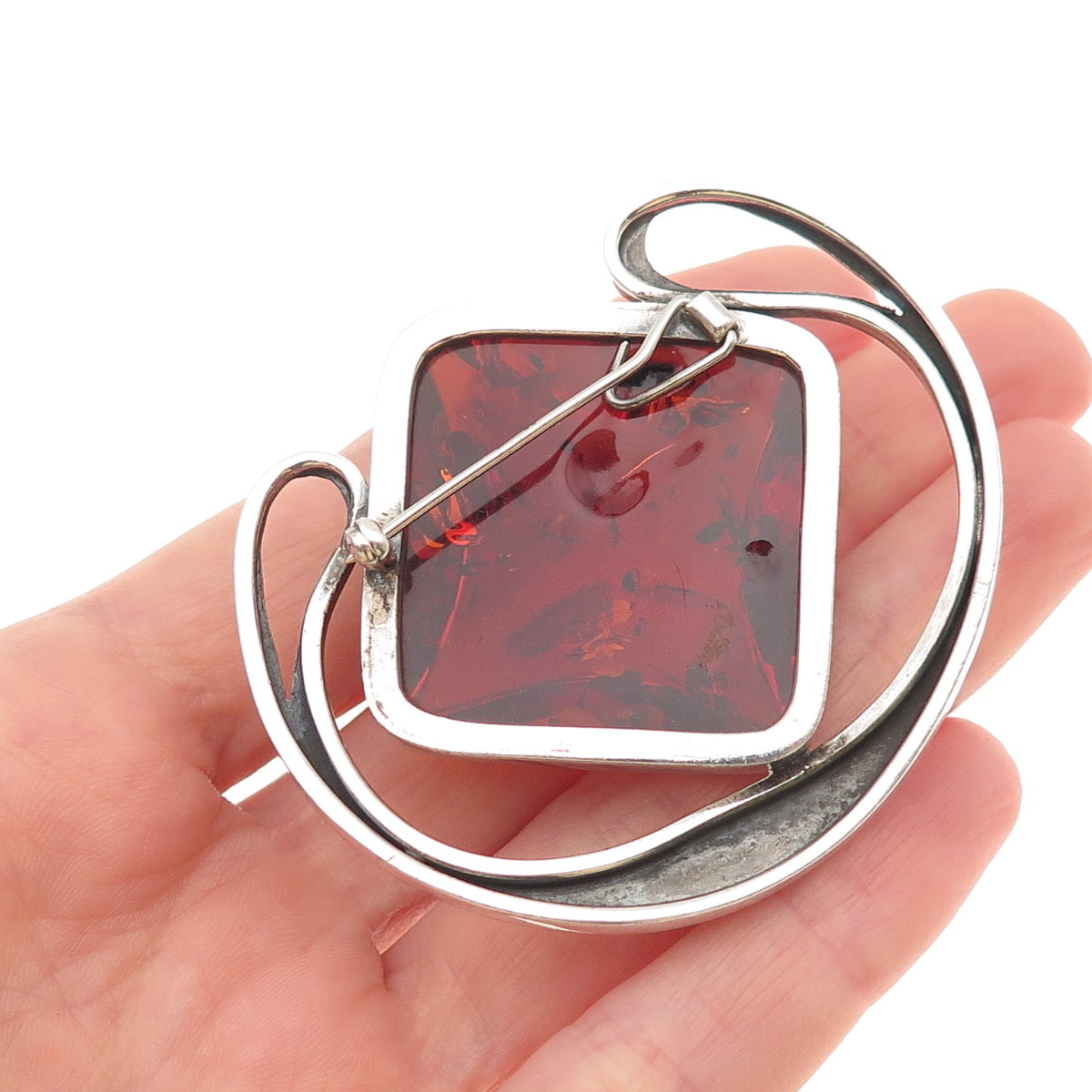 925 Sterling Silver Vintage Real Amber Modernist Oxidized Large Pin Brooch
