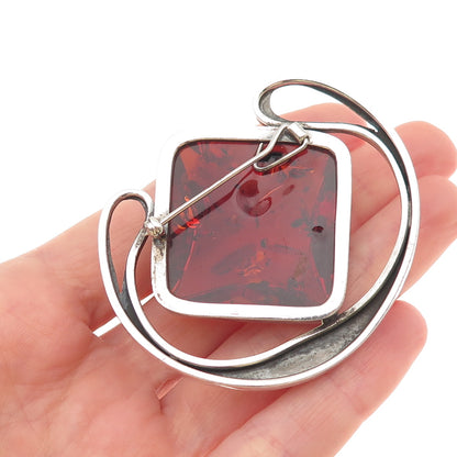 925 Sterling Silver Vintage Real Amber Modernist Oxidized Large Pin Brooch