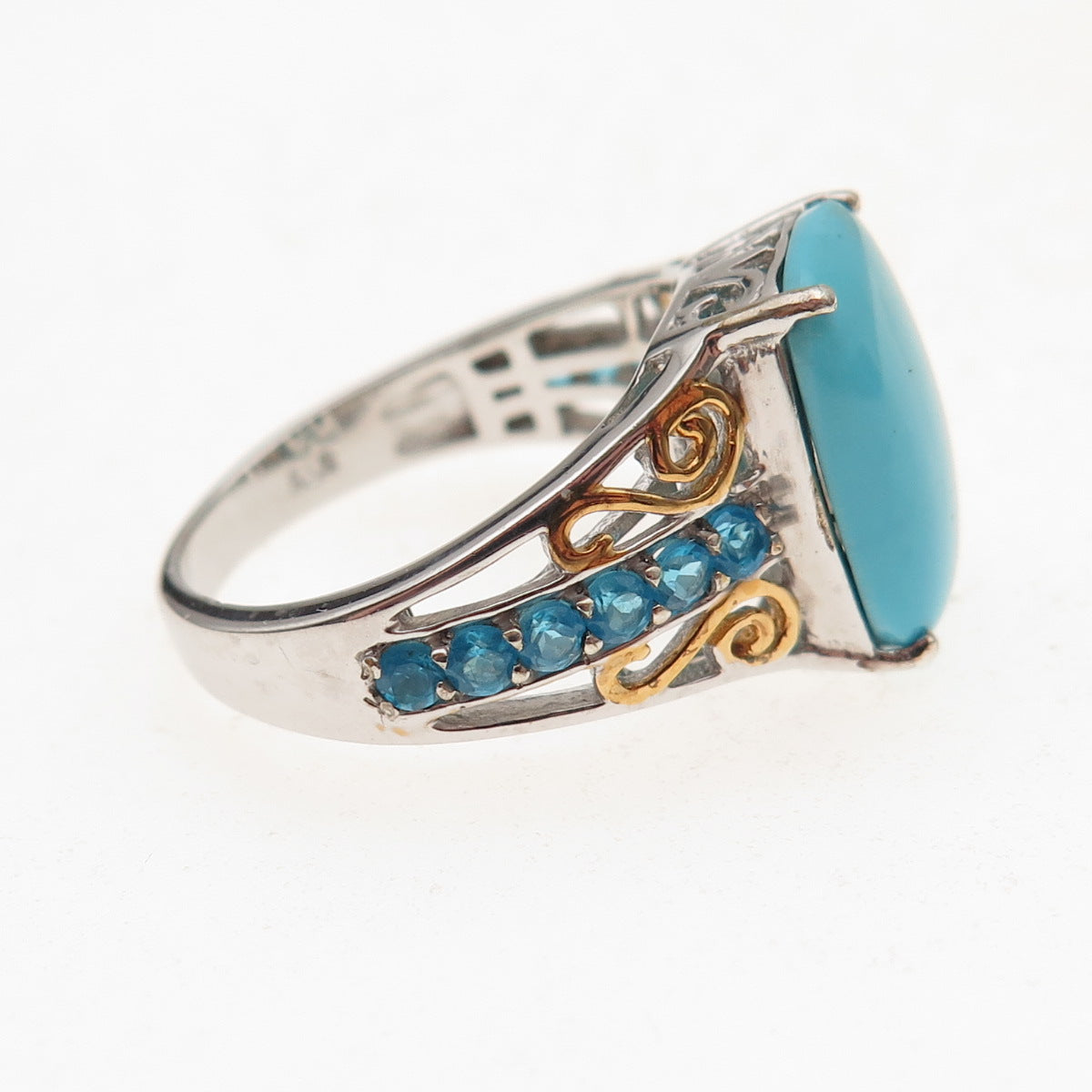 Chuck Clemency 925 Sterling Silver 2-Tone Real Turquoise Apatite Ring Size 8.25