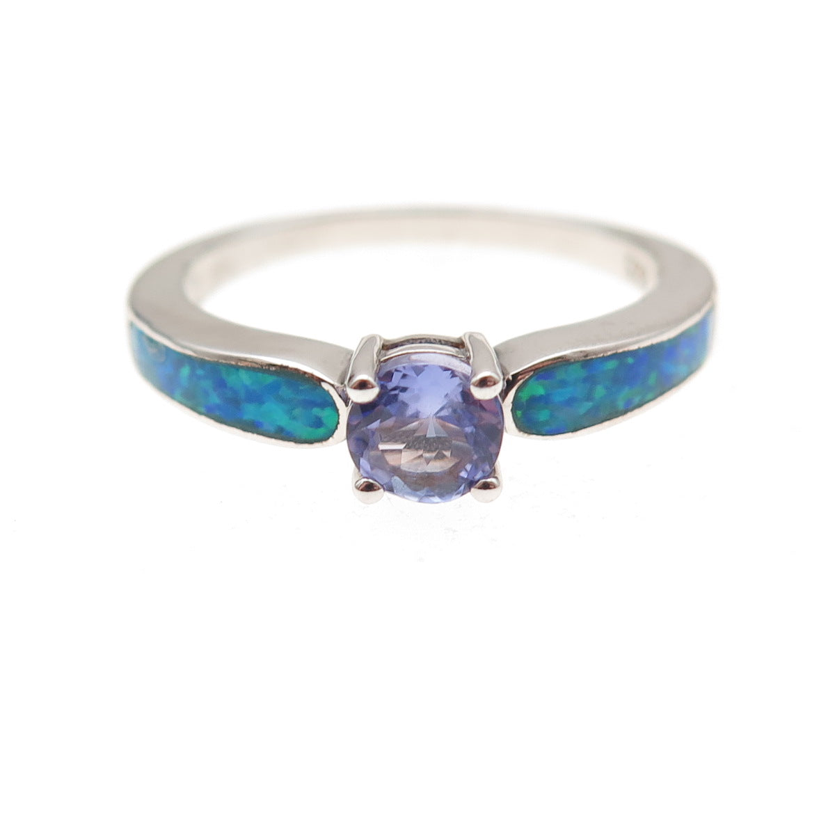 925 Sterling Silver Real Round-Cut Tanzanite & Opal Ring Size 8.25