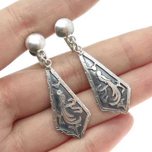 900 Silver Vintage Guatemala Tribal Bird Oxidized Dangle Screw Back Earrings