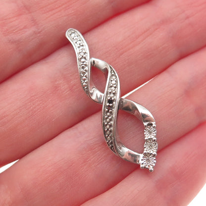925 Sterling Silver Real Black & White Diamond Twisted Charm Pendant