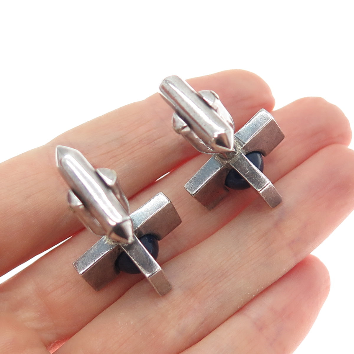 ANTONIO PINEDA 970 Silver Vintage Mexico Real Sodalite Modernist Cross Cufflinks