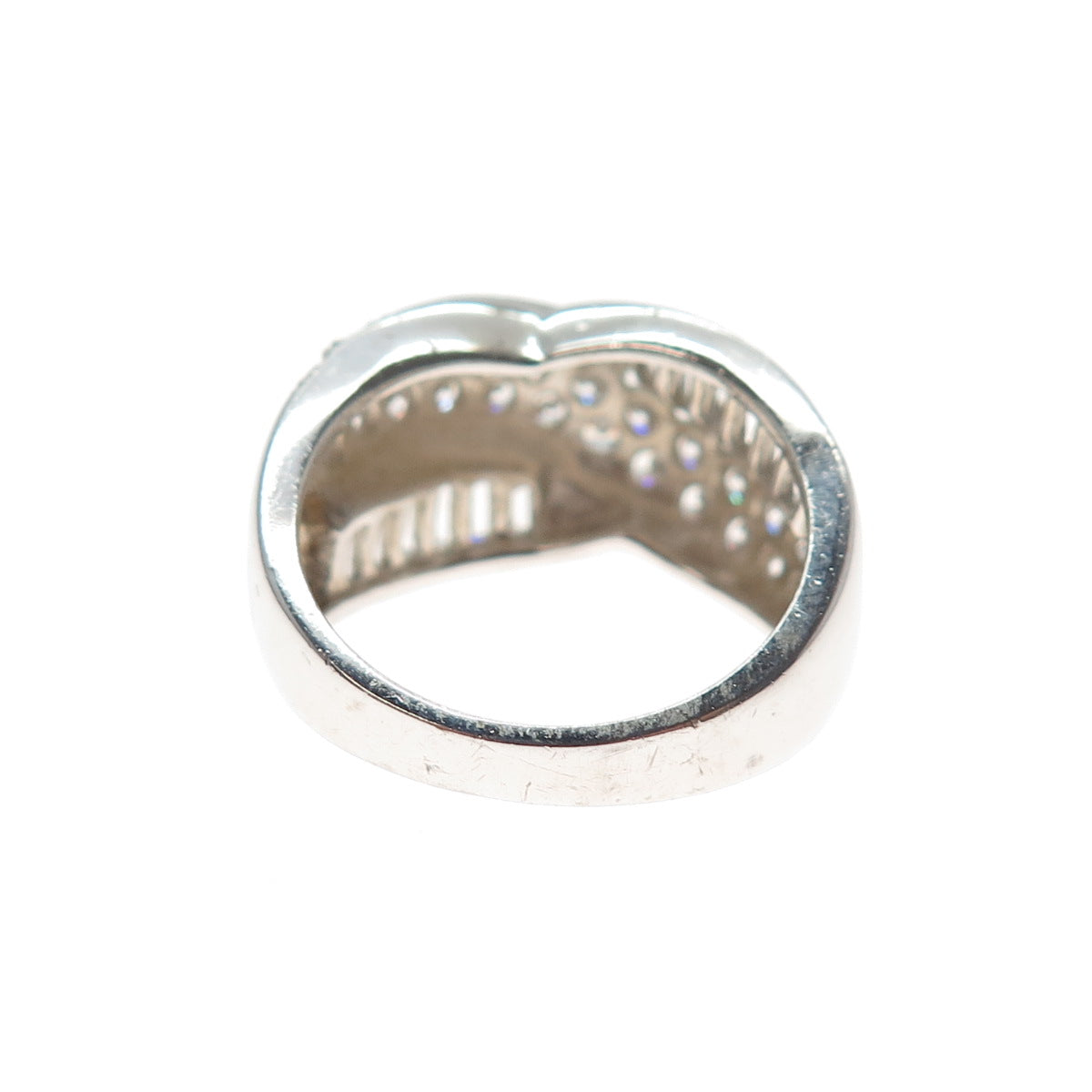 ROSS SIMONS Sterling Silver Emerald & Round-Cut C Z Crisscross Ring Size 7.25