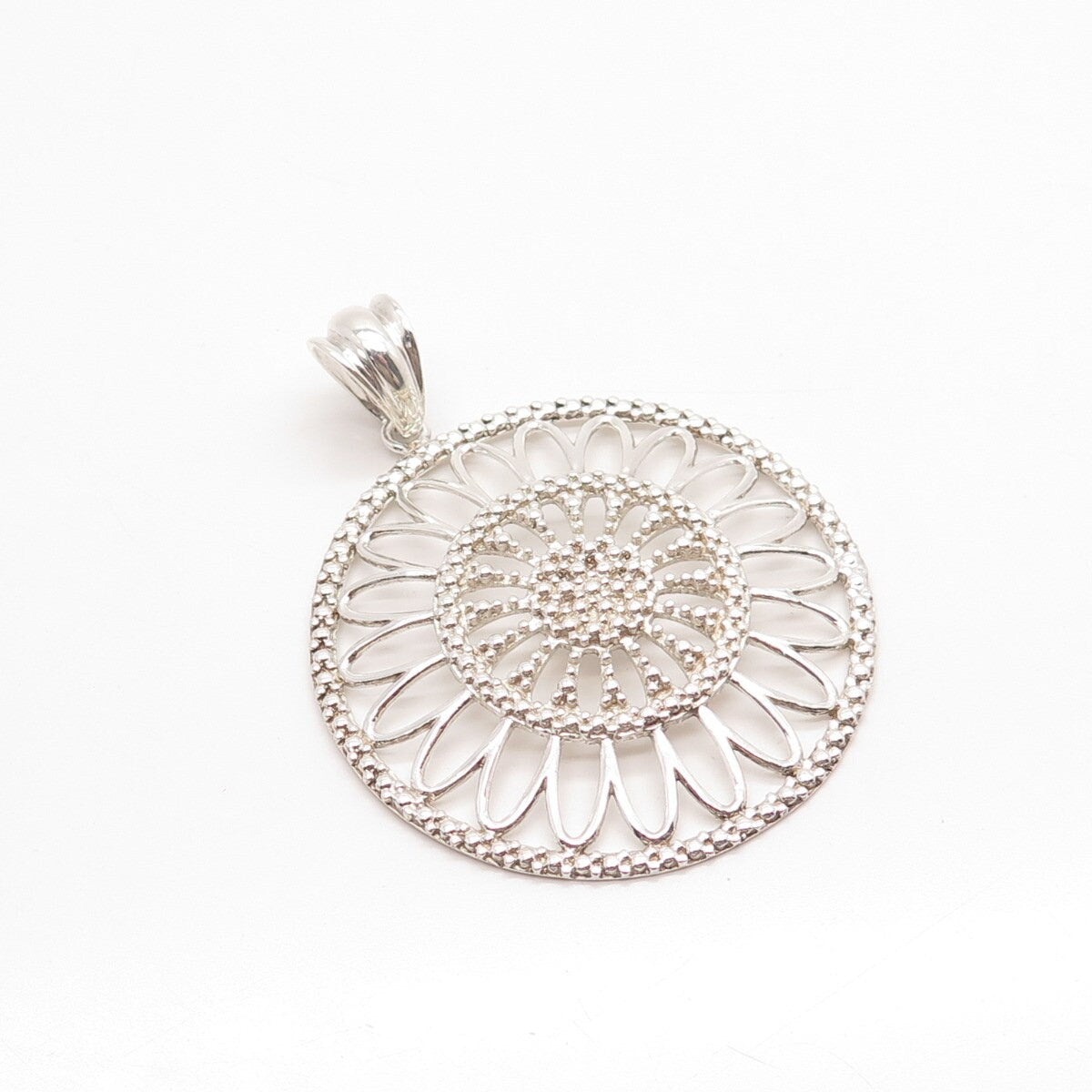 925 Sterling Silver Vintage Italy Milor Granulated Round Floral Pendant