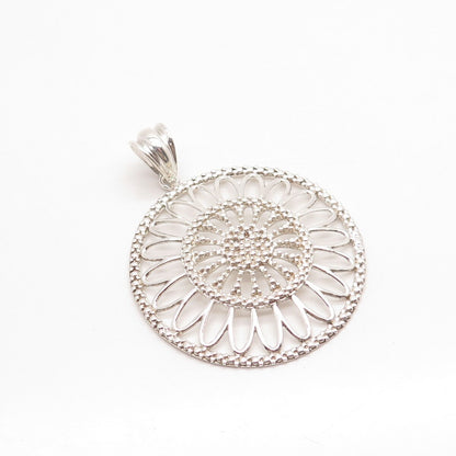 925 Sterling Silver Vintage Italy Milor Granulated Round Floral Pendant