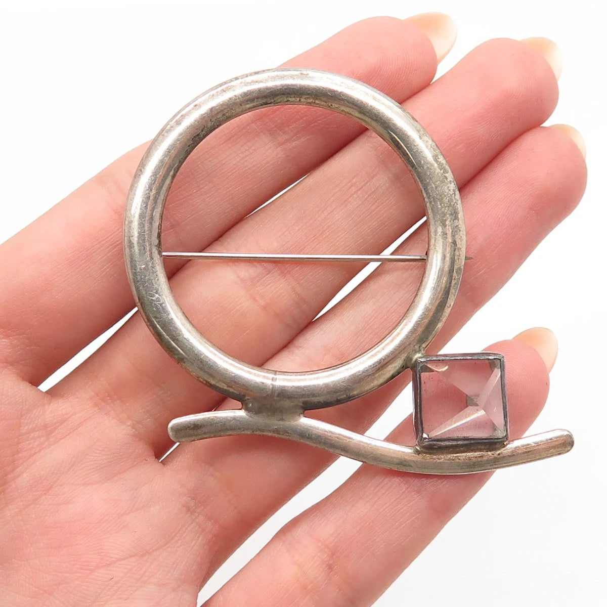925 Sterling Silver Vintage Clear Glass Modernist Pin Brooch