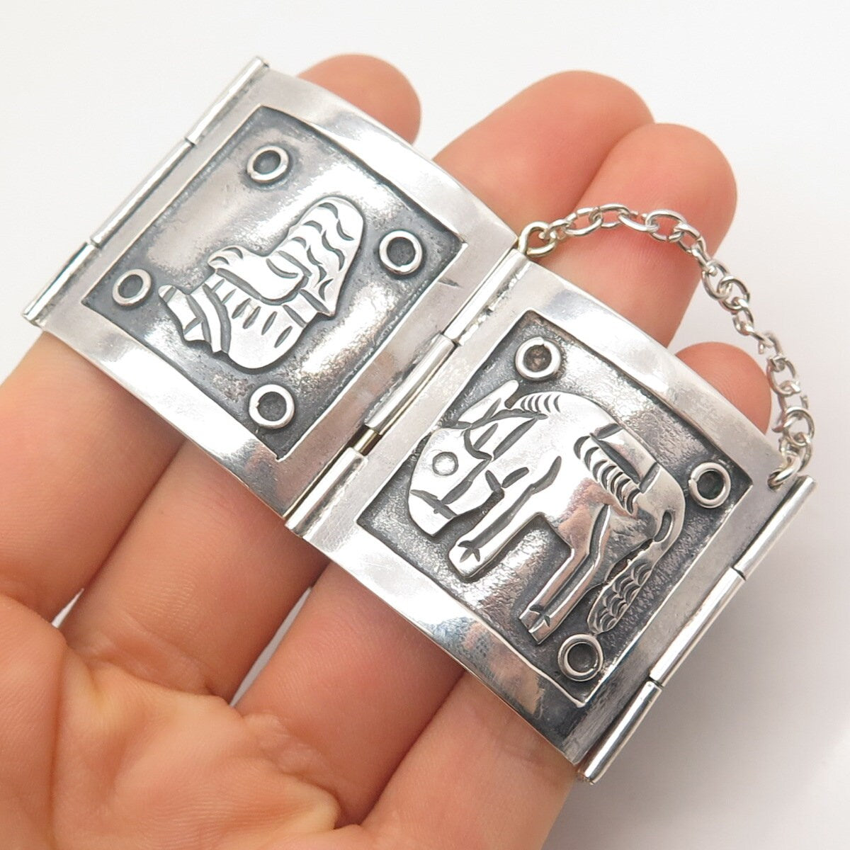925 Sterling Silver Vintage Mexican Storyteller Wide Panel Link Bracelet 7.25"