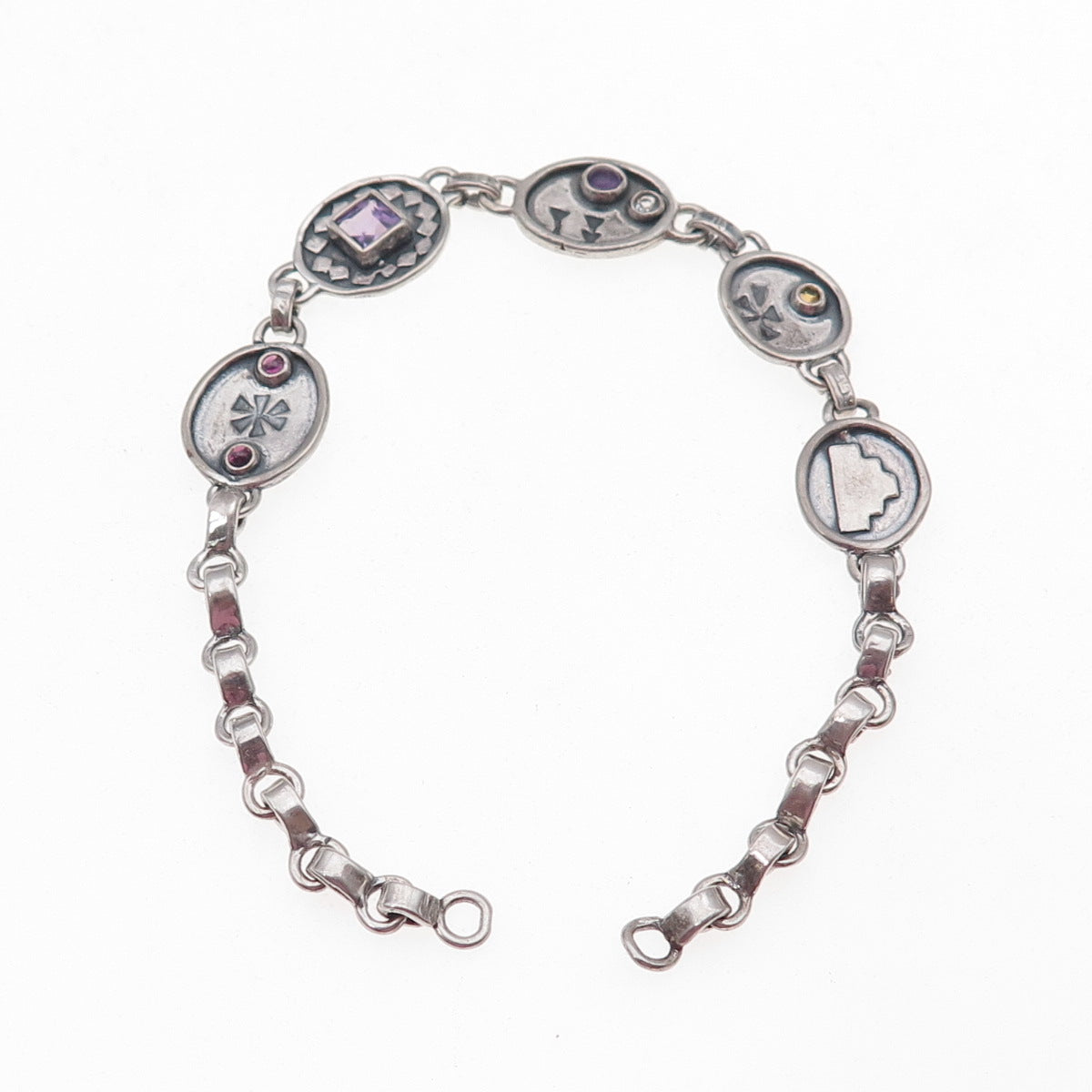925 Sterling Silver Vintage Real Amethyst & Citrine Bracelet 7" (missing lock)