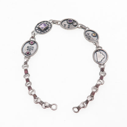 925 Sterling Silver Vintage Real Amethyst & Citrine Bracelet 7" (missing lock)