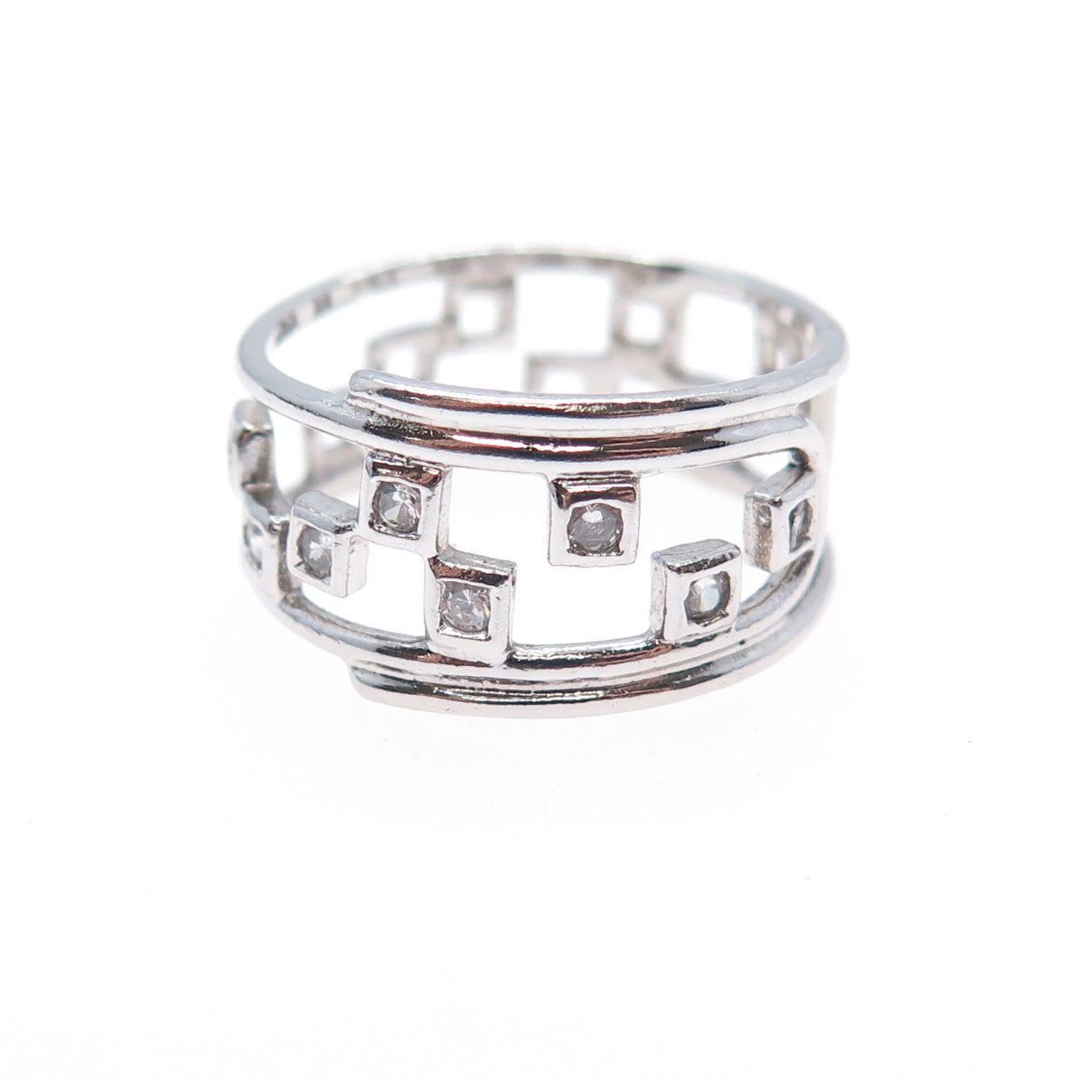 925 Sterling Silver Round-Cut C Z Modernist Checkmate Ring Size 6.5