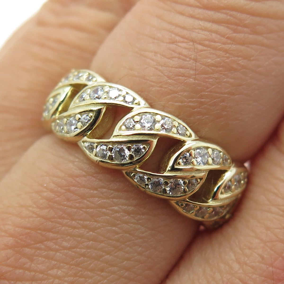 LER 925 Sterling Silver Gold Plated Round-Cut C Z Curb Link Ring Size 8