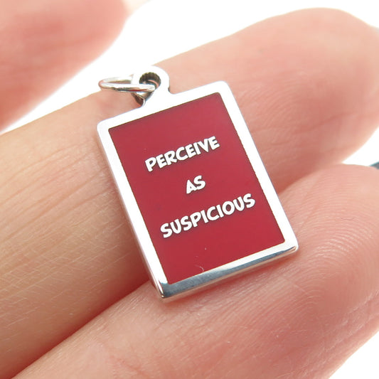 925 Sterling Silver Red Enamel "Perceive As Suspicious" Minimalist Charm Pendant