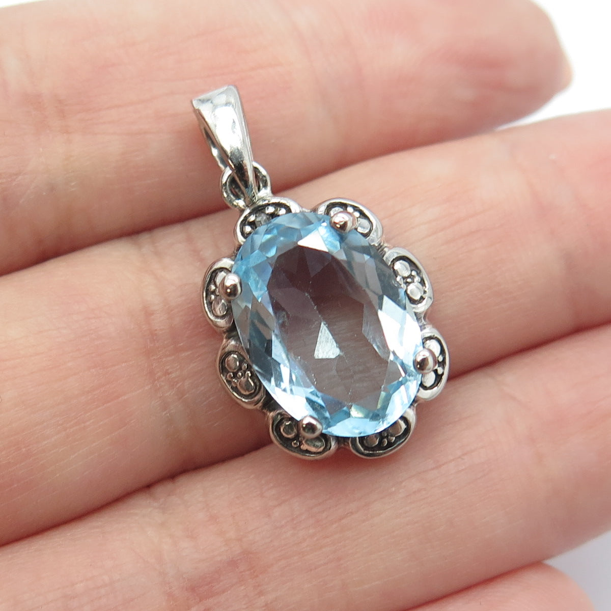 925 Sterling Silver Vintage Real White Diamond Accent & Blue Topaz Gem Pendant