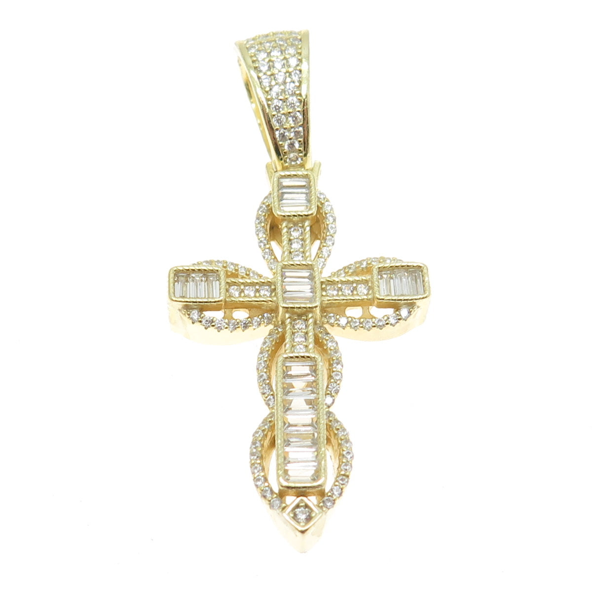 925 Sterling Silver Gold Plated Baguette & Round-Cut Cross Pendant