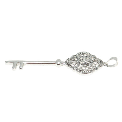 925 Sterling Silver Real Round-Cut Diamond Floral Key Pendant