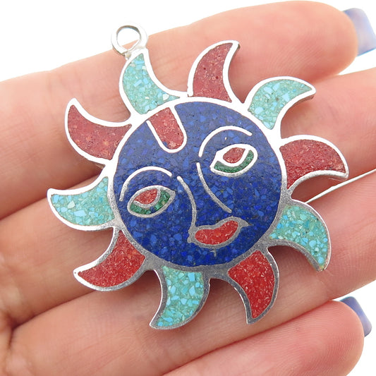 925 Sterling Silver Vintage Real Turquoise Lapis Coral Inlay Sun Face Pendant
