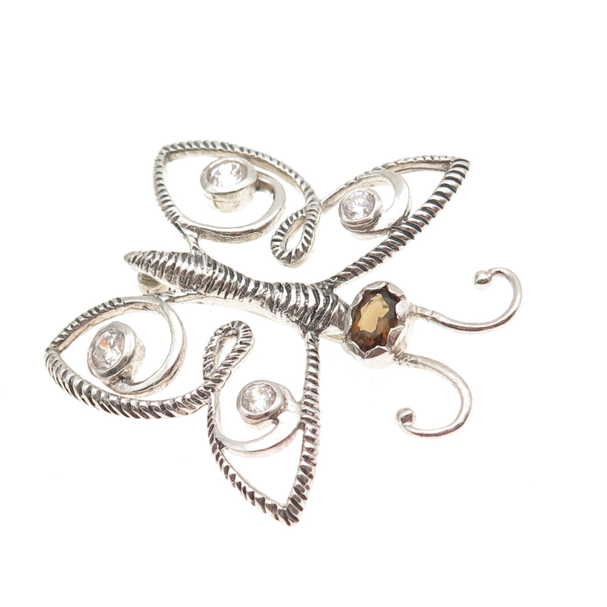 925 Sterling Silver Vintage Real Smoky Quartz & C Z Butterfly Pin Brooch