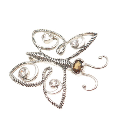 925 Sterling Silver Vintage Real Smoky Quartz & C Z Butterfly Pin Brooch