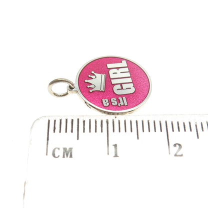 925 Sterling Silver Pink Enamel "It's a Girl" Round Tag Minimalist Charm Pendant