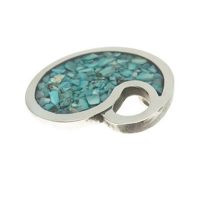 925 Sterling Silver Vintage Real Turquoise Inlay Modernist Teardrop Pendant