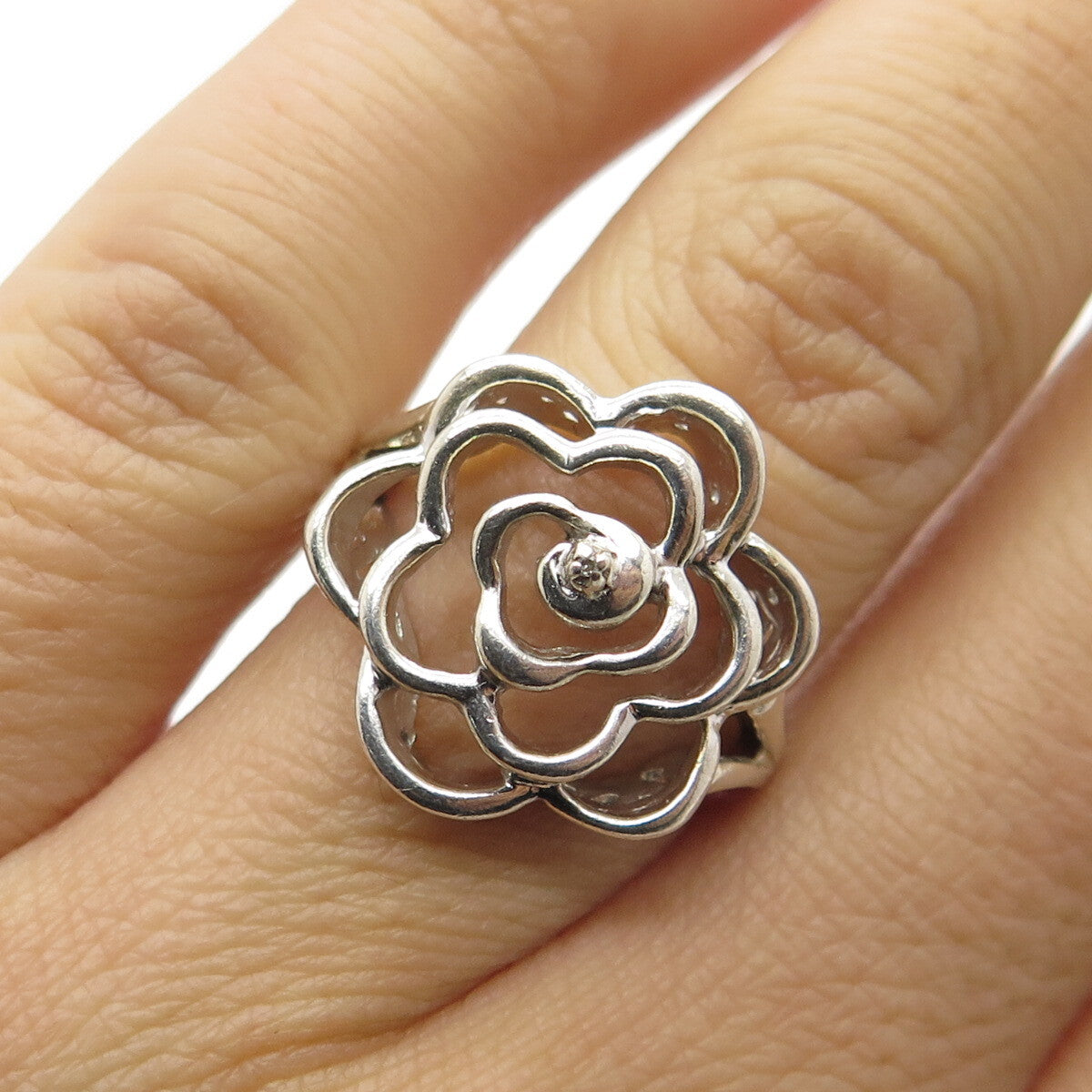 925 Sterling Silver Vintage Real Diamond Accent Modernist Flower Ring Size 5.5