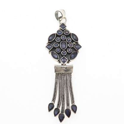 925 Sterling Silver Vintage Real Iolite Modernist Tassel Oxidized Pendant