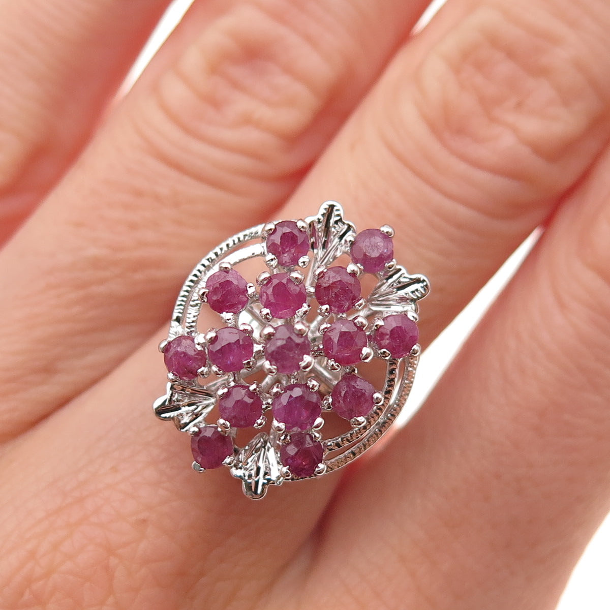 925 Sterling Silver Antique Art Deco Real Round-Cut Ruby Ring Size 6.5