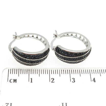 925 Sterling Silver Black C Z Hinged Hoop Earrings