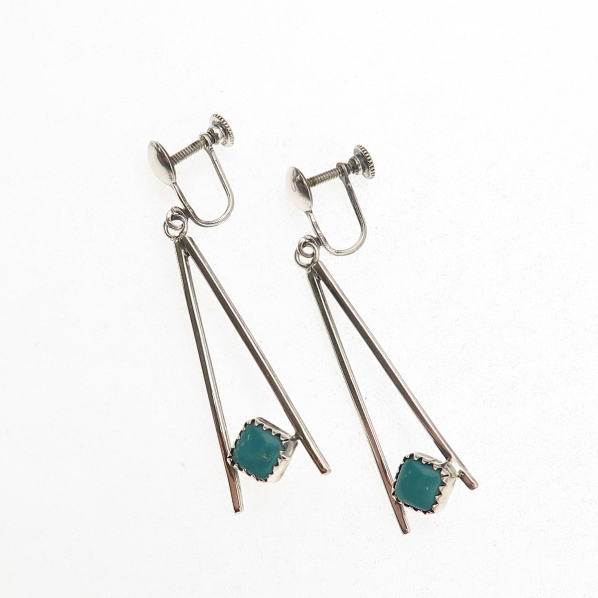 Old Pawn 925 Sterling Silver Vintage Turquoise Tribal Screw Back Dangle Earrings