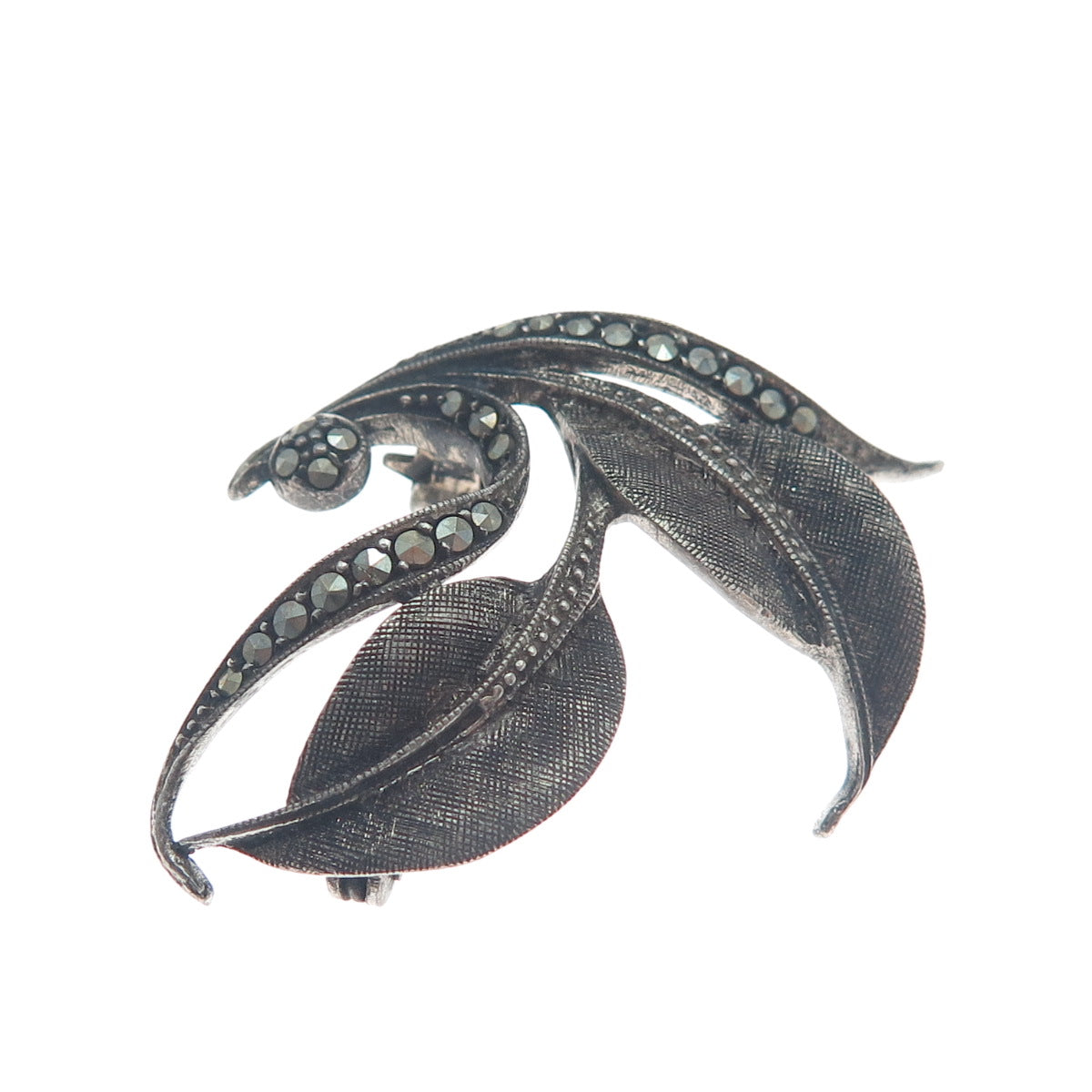 925 Sterling Silver Antique Germany Real Marcasite Floral Leaf Oxidized Brooch