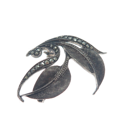 925 Sterling Silver Antique Germany Real Marcasite Floral Leaf Oxidized Brooch