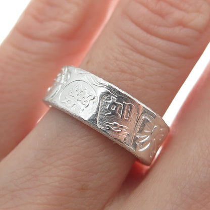 999 Fine Silver Vintage Lucky Symbols Band Ring Size 5.25