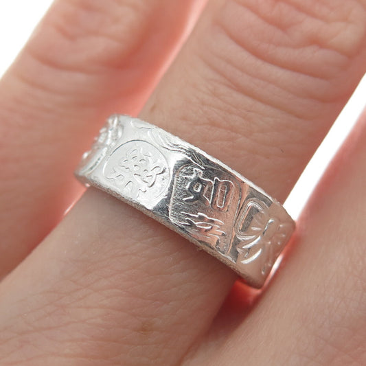999 Fine Silver Vintage Lucky Symbols Band Ring Size 5.25