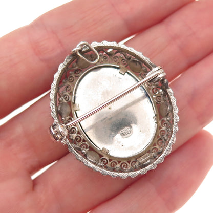 800 Silver Antique Real Coral Hand Painted Cameo Portrait Pin Brooch / Pendant