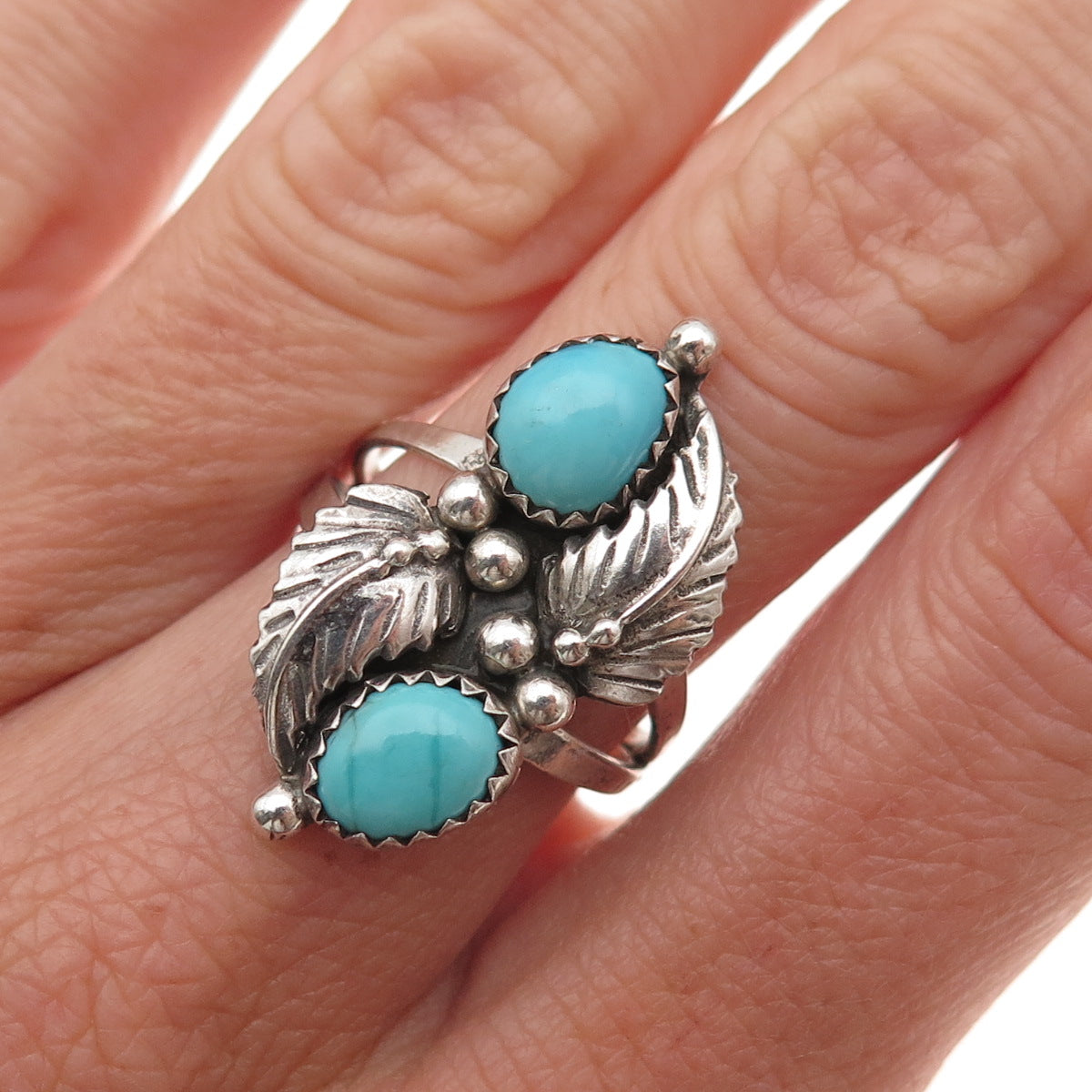 Old Pawn Sterling Silver Vintage Southwestern Turquoise Feather Ring Size 7.25
