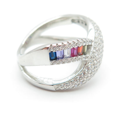 925 Sterling Silver Round Baguette-Cut Multi-Color C Z Crisscross Ring Size 6.25